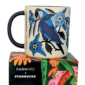 Starbucks x Farm Rio Lenco Asulejo White Blue Toucan/Macaw Ceramic Mug 14 oz